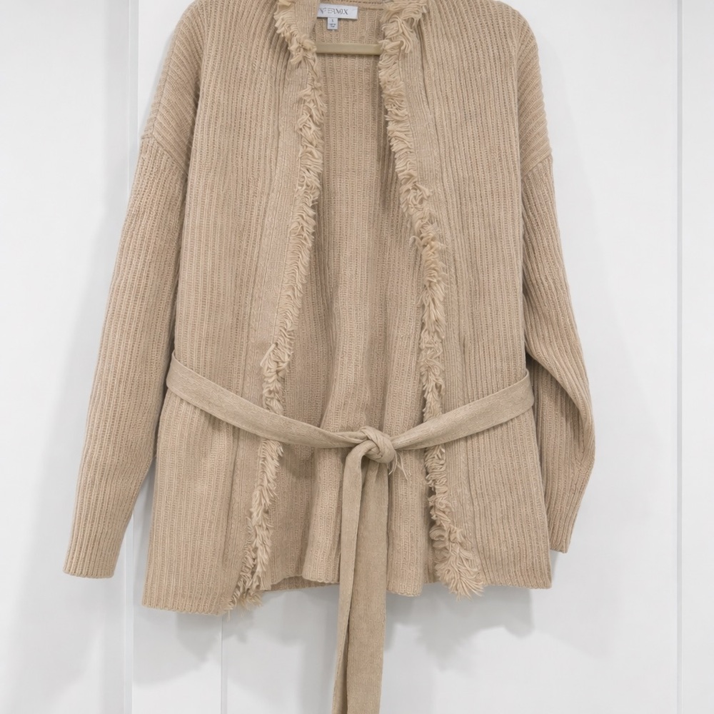 INTERMIX Beige Fringe-Trim Ribbed Belted Cardigan